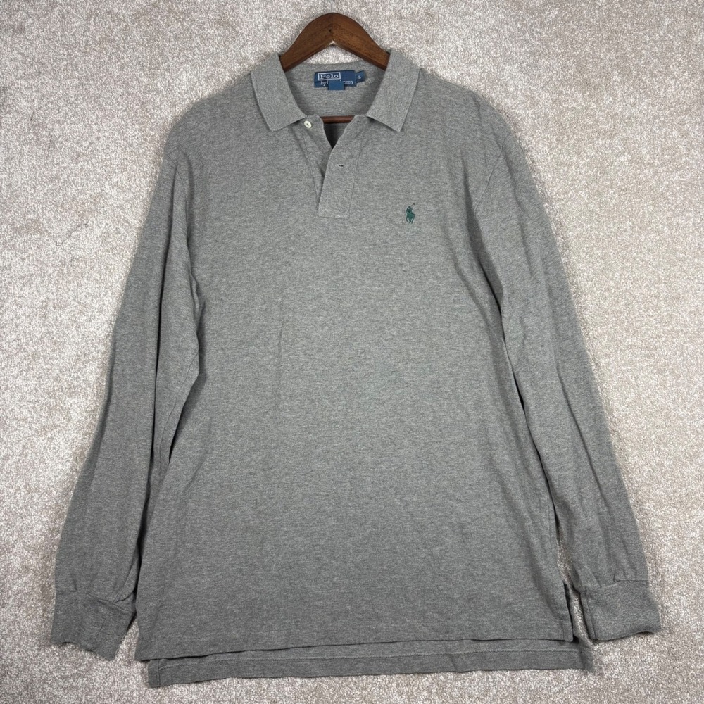 Polo Ralph Lauren Mens Long Sleeve Polo Shirt Grey Cotton Pique Size L